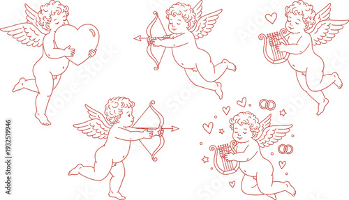 Four cherubs with bows and arrows in various poses with hearts