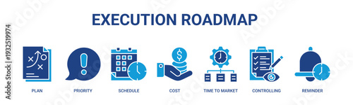 Execution Roadmap web banner icon vector illustration concept with icons of plan, priority, schedule, cost, time to market, controlling, reminder.