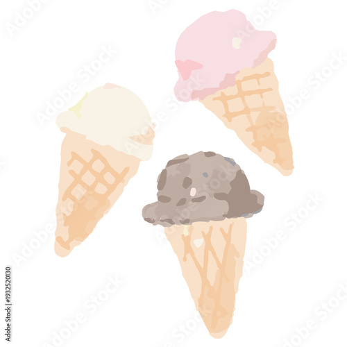 幼稚園・保育園向け 7月のやさしい水彩挿絵イラストシリーズ｜アイスクリーム Watercolor Ice Cream Illustration