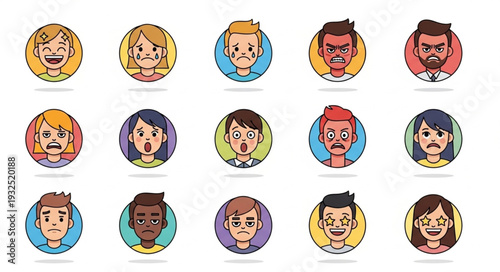 Collection of diverse human faces expressing various emotions in colorful circular portraits.