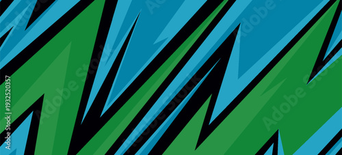 Abstract Geometric Racing Stripe Background with Sharp Spiky Shapes in Green and Blue.