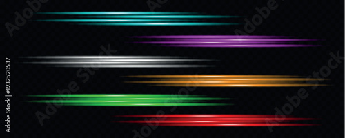 AdobeA vibrant collection of horizontal light streaks in various colors against a transparent black background high-quality Illustrator Artwork