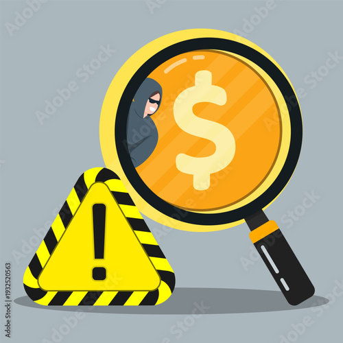 Financial fraud detection concept with magnifying glass, warning sign, hacker figure, and dollar symbol representing scam risk, cybercrime investigation, and online security alert.
