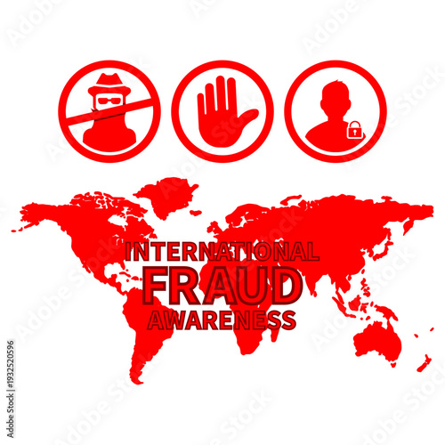International fraud awareness concept with global map and security icons, representing cybercrime prevention, identity protection, financial security, and digital risk alert.