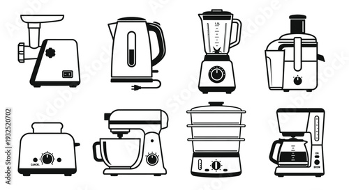 Black and white illustration of various kitchen appliances arranged in rows
