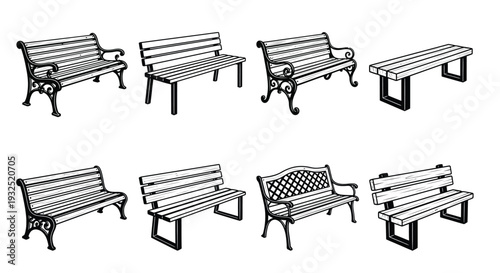 Collection of ornate and simple park benches in black and white