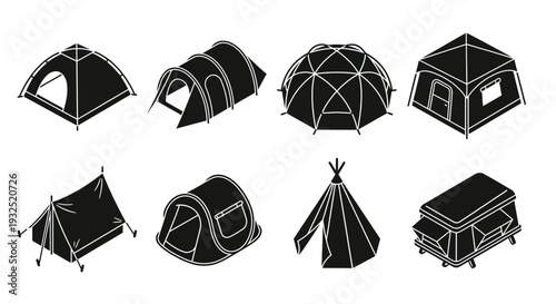 Variety of tent designs and camping shelter illustrations in black and white