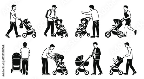 Diverse fathers with strollers a collection of minimalist vector illustrations