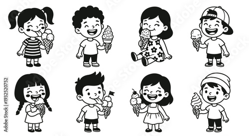 Black and white illustration of children enjoying ice cream cones