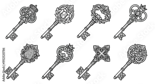 An assortment of ornate vintage keys in a black and white illustration
