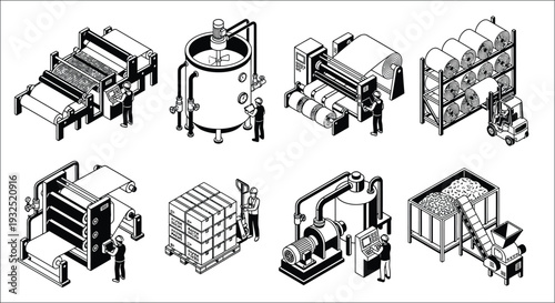 Isometric illustration of a paper production and packaging process