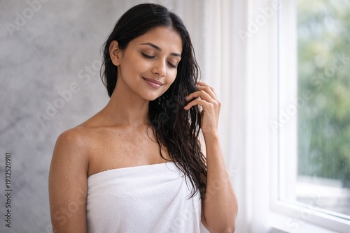Beautiful Woman with Wet Hair Wrapped in Towel After Shower Healthy Skincare Concept Free Download Beautiful Woman with Wet Hair Wrapped in Towel After Shower Healthy Skincare Concept - GFXLoad