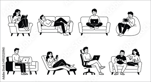 Diverse people relaxing and working on devices in comfortable seating
