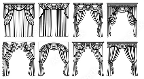 Variety of ornate black and white curtain designs showcased in a grid