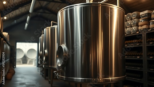 fermenter. Large stainless steel fermenter in a dimly lit wine cellar. bar promotions, beverage menus, designed for food & beverage menus and cafe branding, elevates brand perception.
