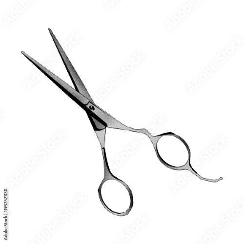 Black and white halftone illustration of professional hair scissors isolated on light background. Barber tool concept for haircut, styling and beauty salon design.