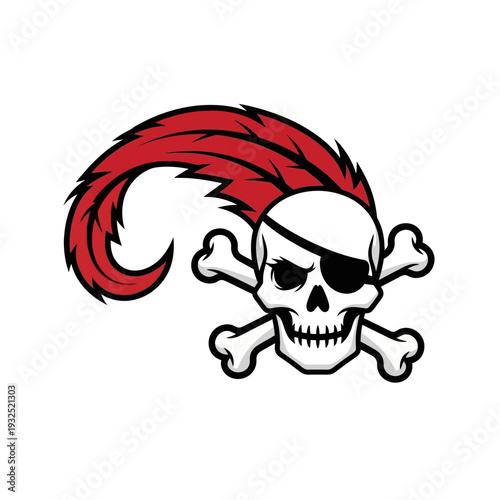 Pirate Skull and Crossbones with Red Feather and Eye Patch - Vector Illustration