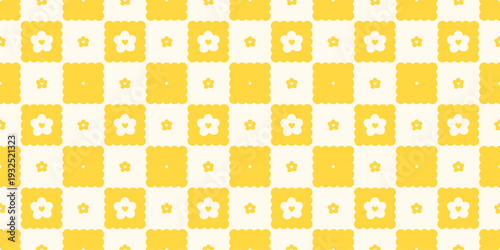 Sprint Time Yellow Checkered Seamless Patter with Daisy. Wave rhombus with lace. Repeating print for textile and fabric. Cute tablecloth texture. Vector illustration background