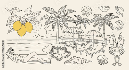 Minimalist line art beach vacation with woman and lemons
