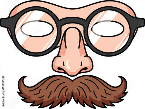 A cartoon illustration of a disguise featuring black-rimmed glasses, a large fake nose, and a bushy brown mustache.