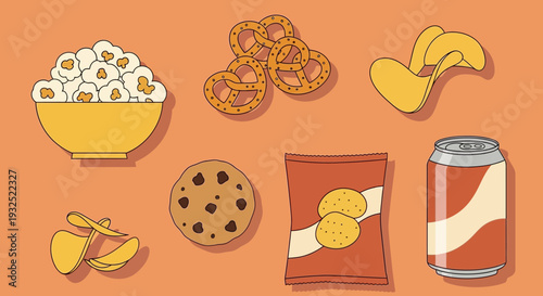 Collection of popular snack foods and drinks displayed.