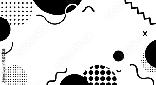 Black abstract shapes and patterns on white.