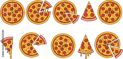 Pepperoni pizza collection with whole pies and slices, melting cheese Italian fast food cartoon vector illustration set