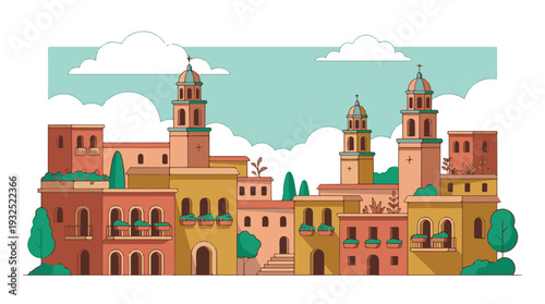 Vibrant vector illustration of a charming old town with churches and houses