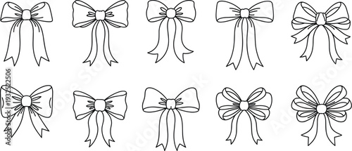 Hand drawn bow ribbon outline collection, decorative gift bows sketch set, festive holiday ornament vector illustration