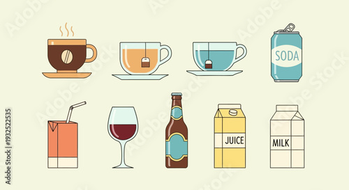 Collection of Various Beverage Containers and Cups.