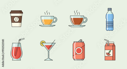 Collection of various beverages and drinks in different containers.