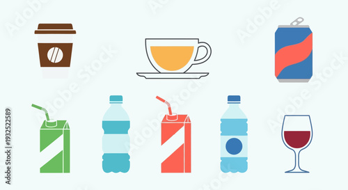 Collection of various beverages and drinks in containers.