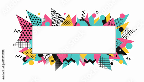 Colorful Memphis Style Frame with Patterns.