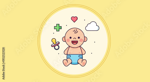 Cute Baby Illustration with Pacifier and Medical Symbols.