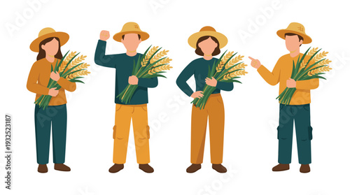 Group of farmers holding wheat harvest, agriculture and farming concept