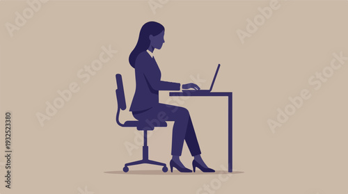 Professional woman working on laptop at desk in minimalist style