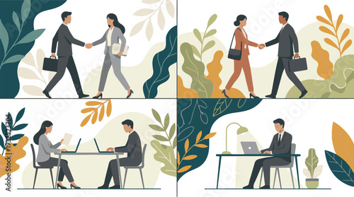 Business professionals working and collaborating in modern flat design illustrations