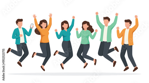 Joyful diverse group of young people jumping together in celebration