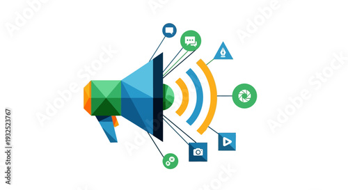 Digital Marketing Megaphone Spreading Social Media Icons.