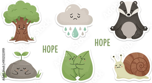 Set of cute sad nature vector graphic stickers expressing emotional struggles