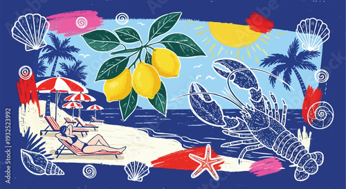 Tropical vacation beach scene with woman lemon and lobster