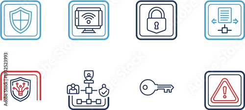 Set of cybersecurity and network protection concept line art vector icons