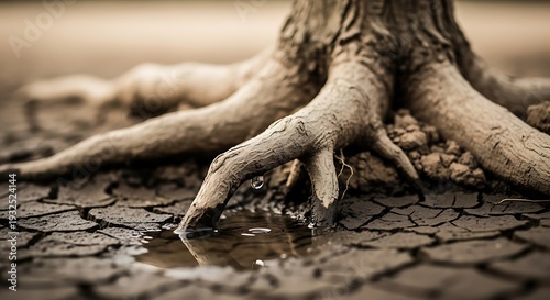 Close-up of gnarled tree roots grasping parched, cracked earth, a small pool of water