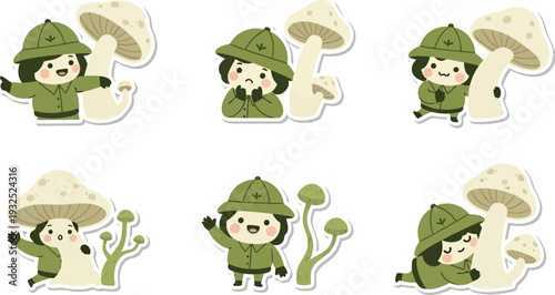 Cute cartoon mushroom forager character vector graphic sticker set