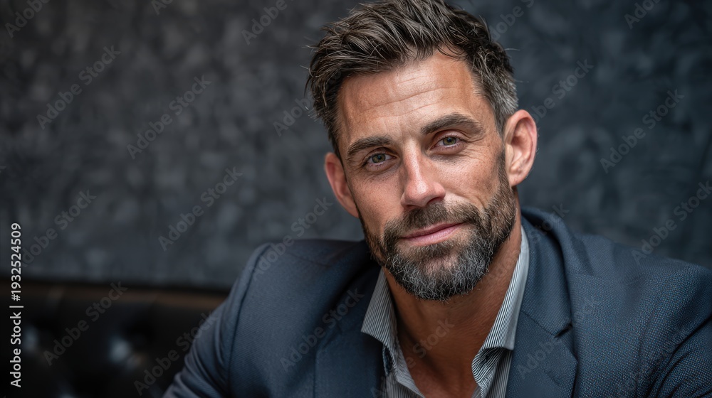 Fototapeta premium Man in business suit sits confidently in modern office setting while engaging with the camera