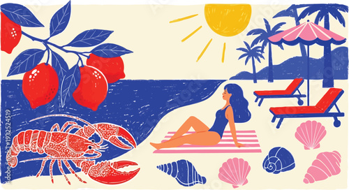 Summer beach illustration with sunbathing woman and lobster