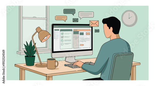 Person working on computer managing digital tasks and online communication