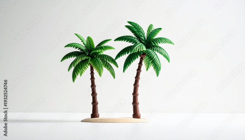 Fototapeta premium Miniature Palm Trees on a White Background Perfect for Summer Vacation Themed Projects and Tropical Getaway Concepts.