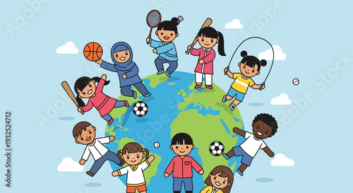 Diverse children playing sports around the world illustration.