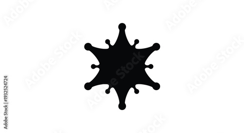 A striking black form resembling a stylized starburst or blossom is prominently displayed against a white background silhouette
